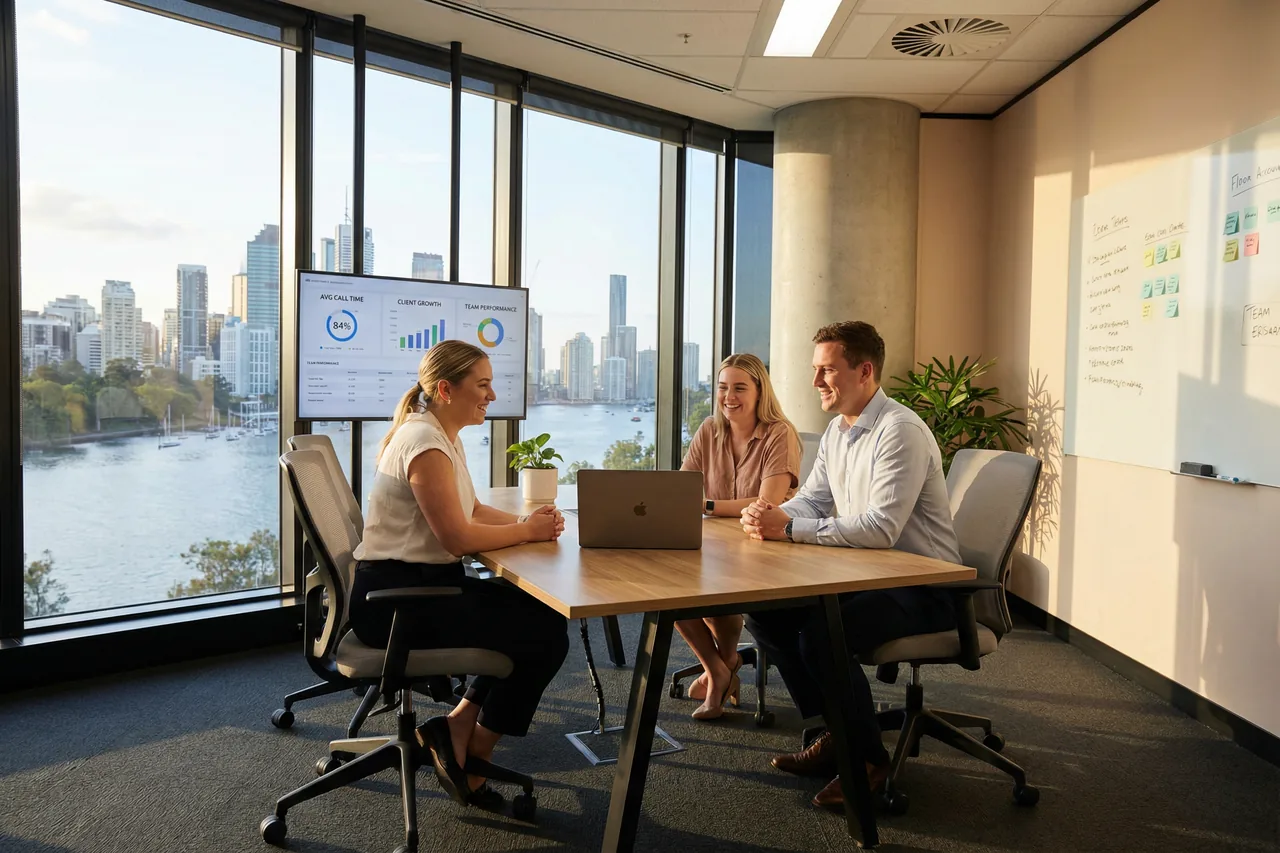 Accounting team reviewing call analytics in a Brisbane meeting room with river views