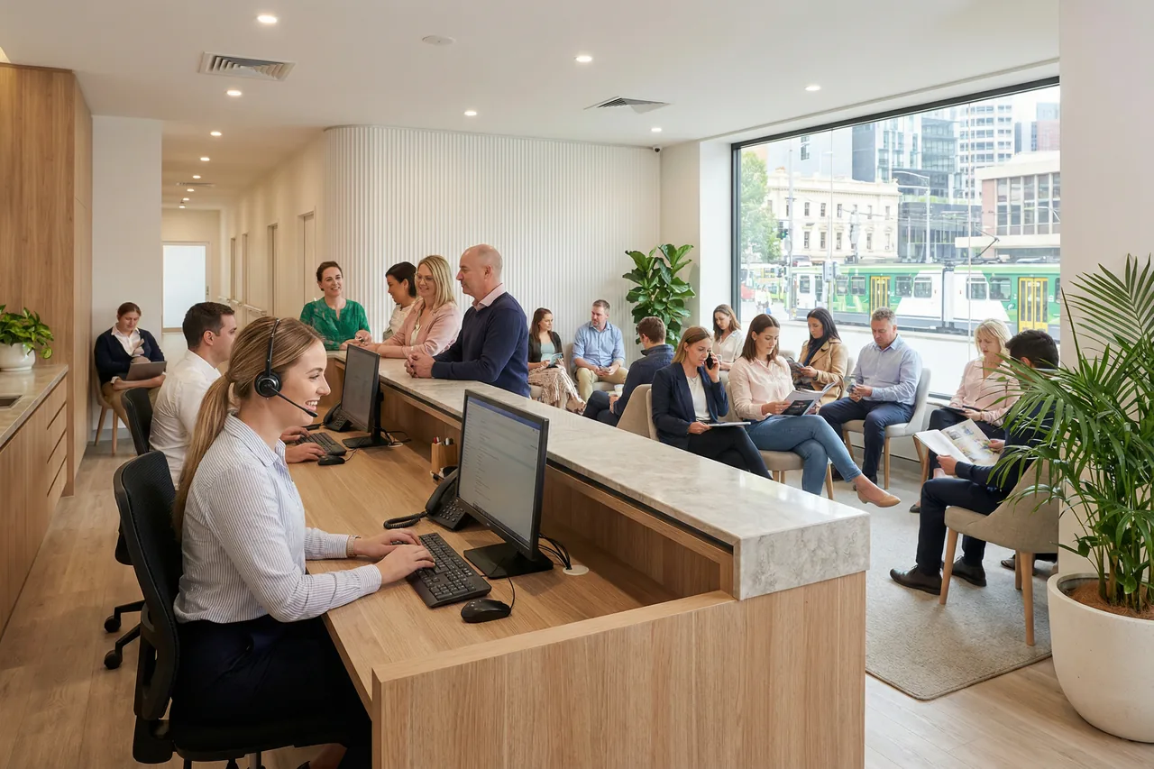Melbourne medical clinic waiting room with receptionist at desk and patients seated, Melbourne street visible through window