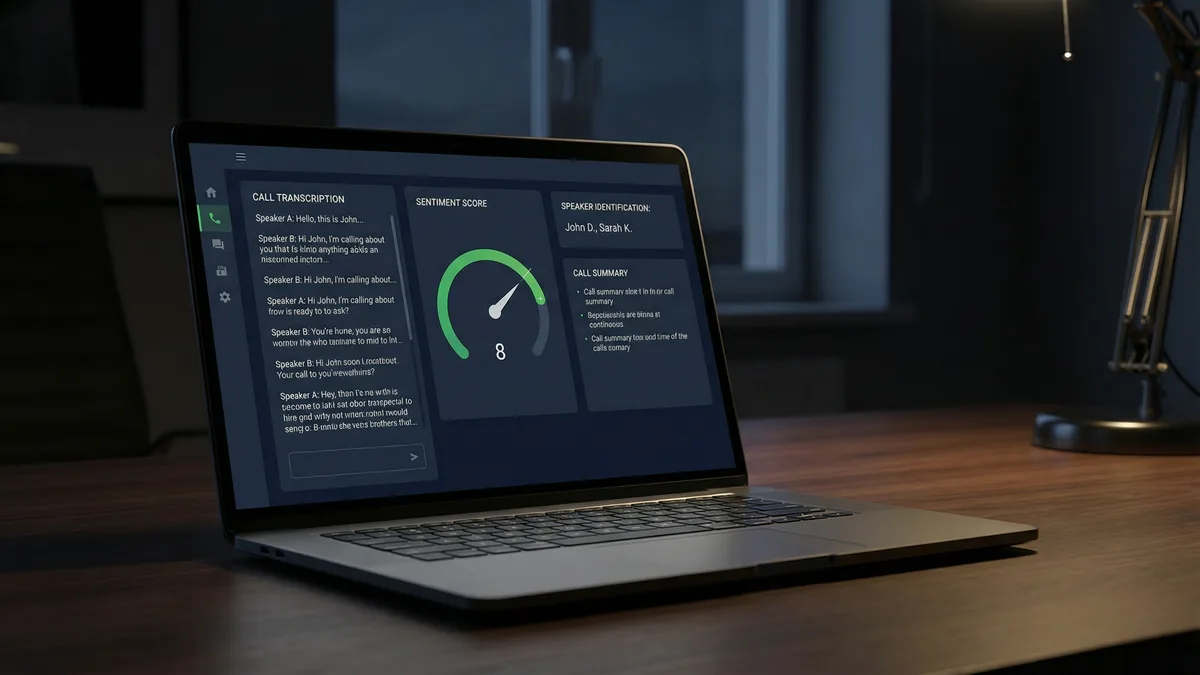 AI call analytics dashboard showing transcription, sentiment score and speaker identification