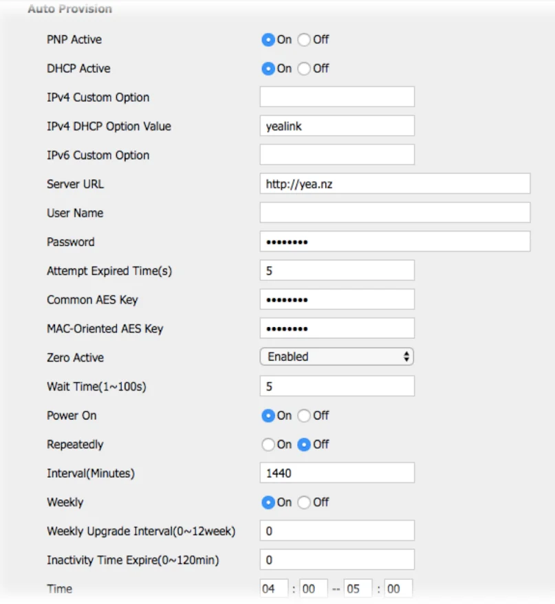 Yealink phone web interface Auto Provision settings page with Server URL set to http://yea.nz