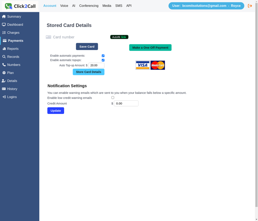 Account Payments page showing Stored Card Details and Notification Settings sections