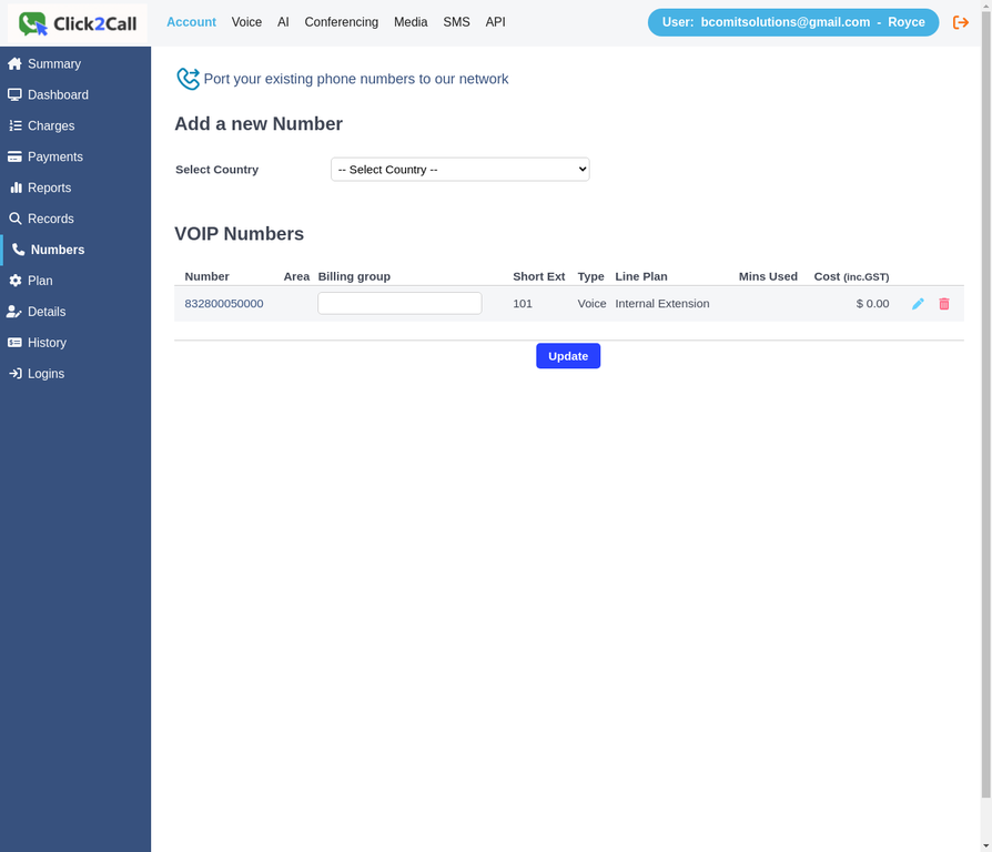 Account Numbers page showing the Add a new Number form