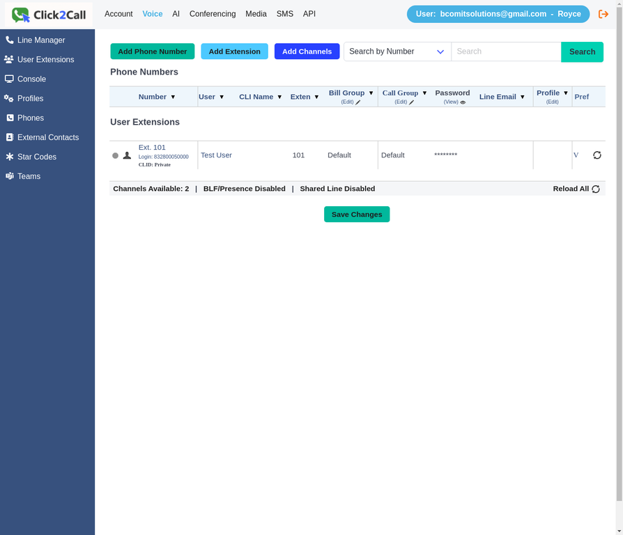 Click2Call portal Account Summary page