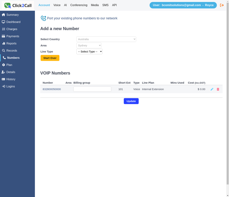 Sydney selected in the Area dropdown with Line Type dropdown visible