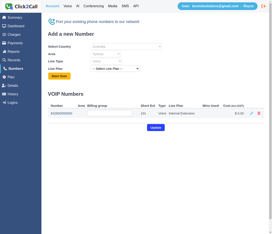 Voice selected in the Line Type dropdown with Line Plan dropdown visible