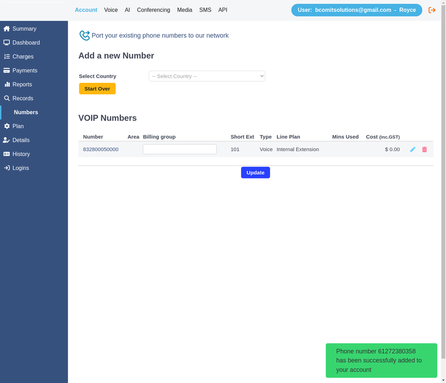 Green success notification confirming the number was added