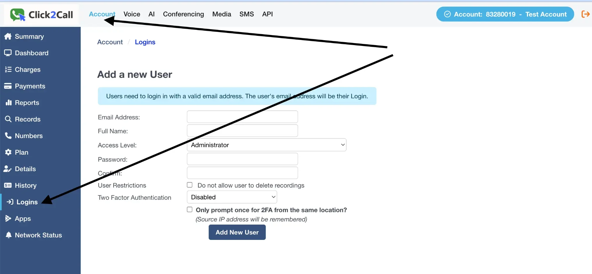 Add a new user form in the Click2Call portal.