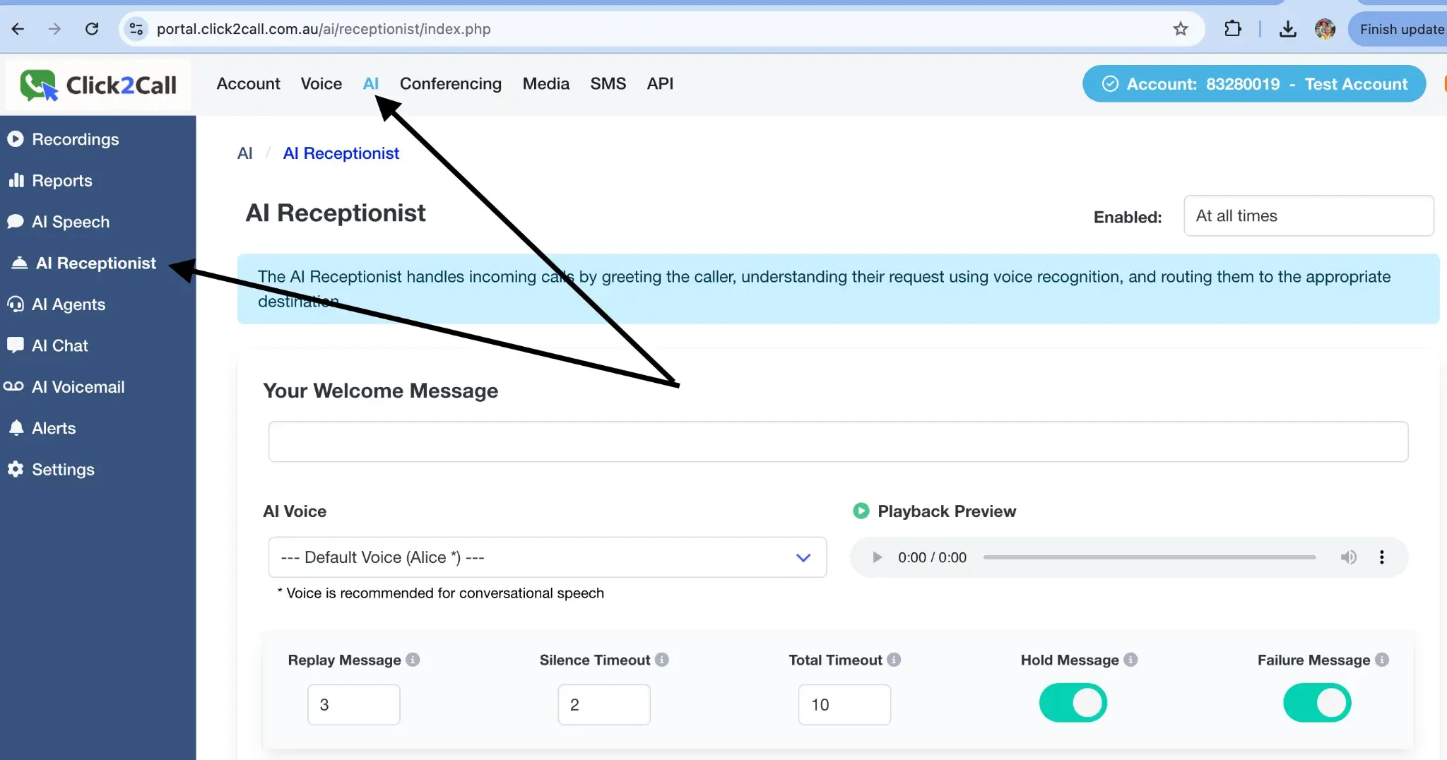 Navigate to AI Receptionist in the 
Click2Call portal