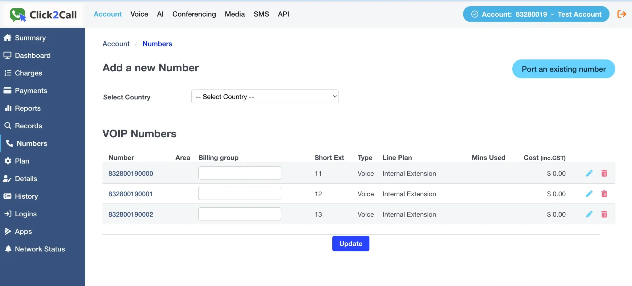 Navigate to Voice, Numbers, then click Port an existing number.