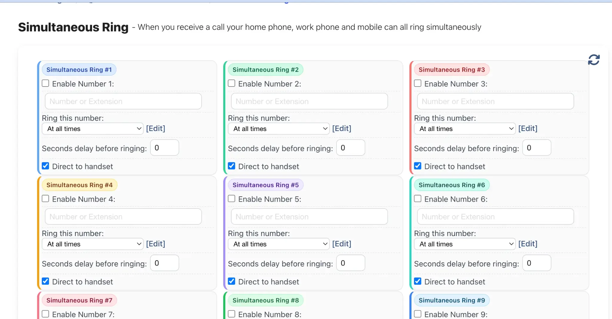 Configuration panel for Simultaneous Ring with multiple number slots.