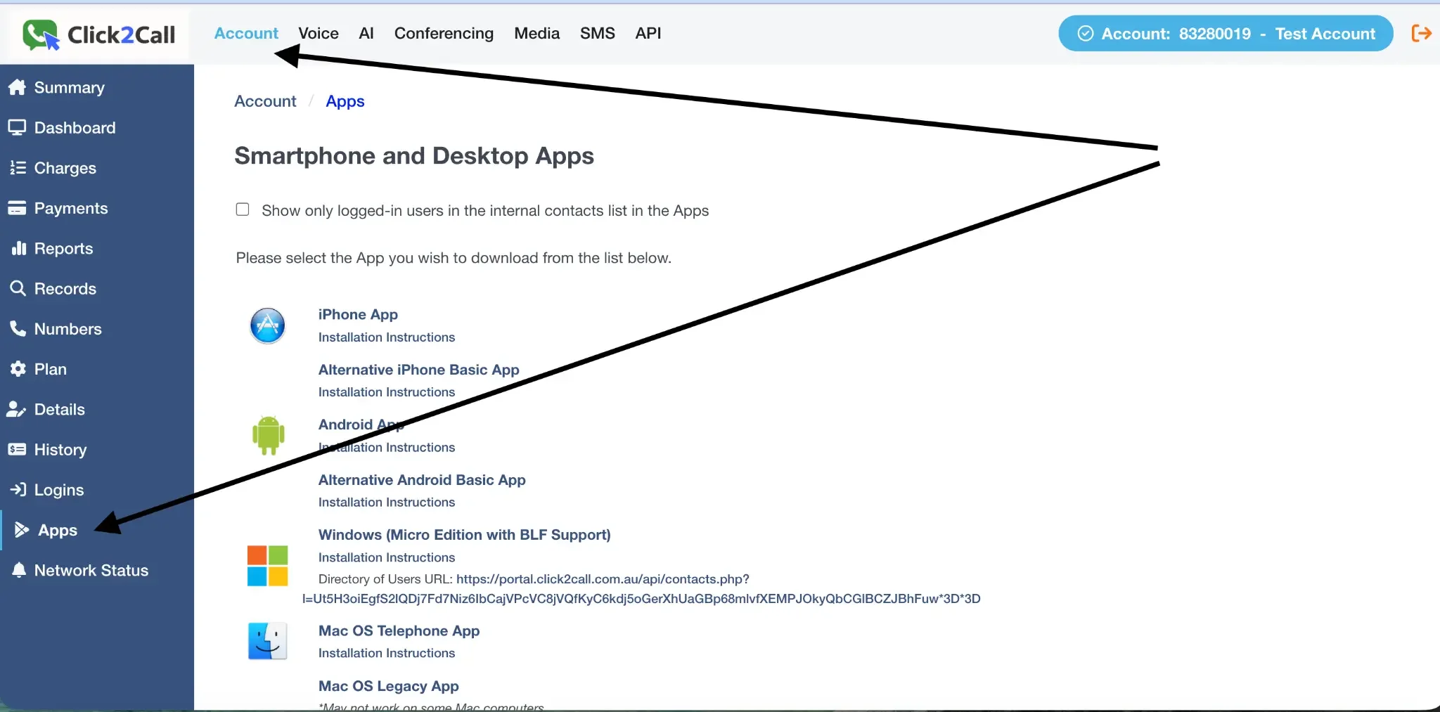 Click2Call portal showing the Apps page with download links for Secure VoIP and Telephone apps