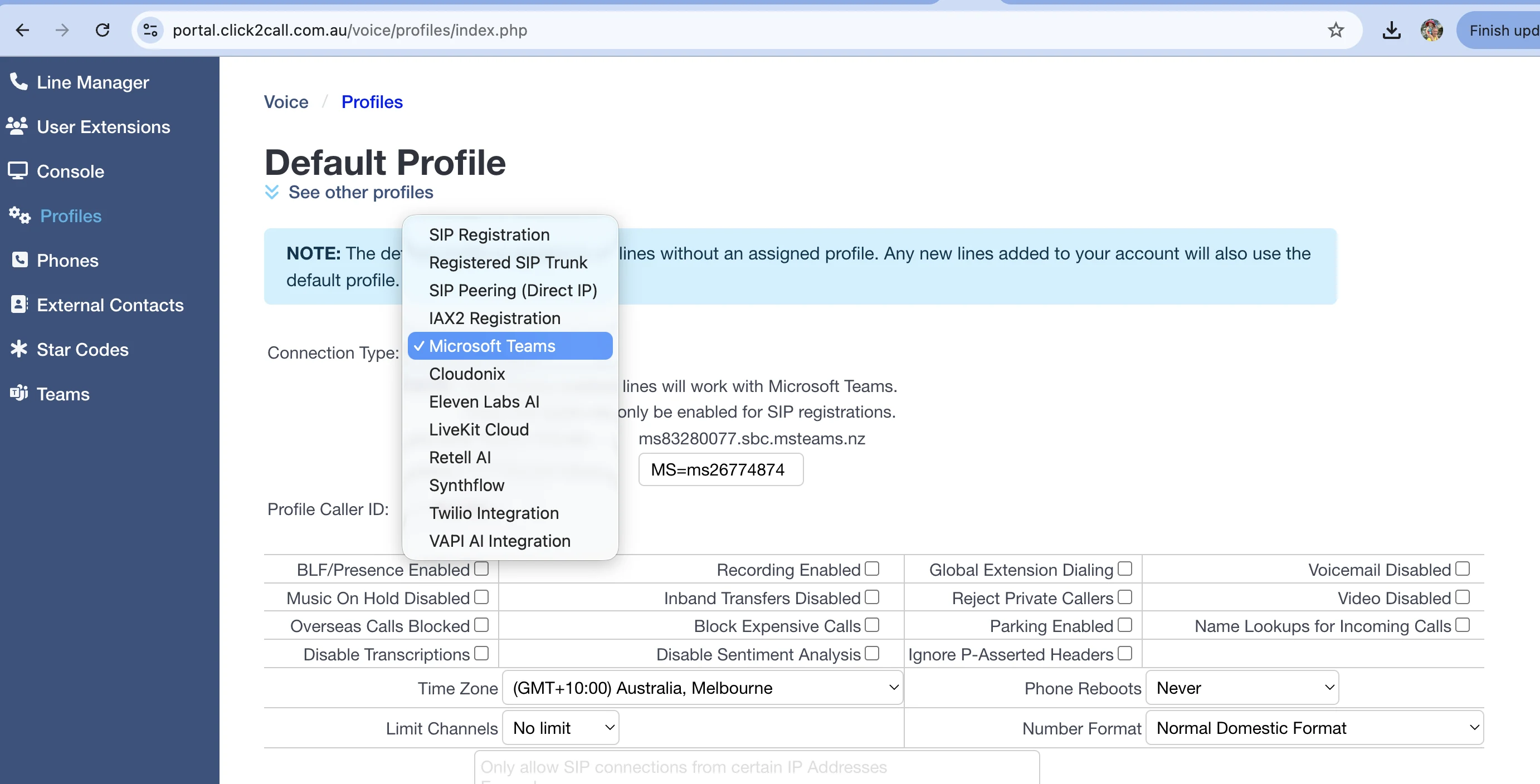 Click2Call portal — Microsoft Teams selected as Connection Type on the Voice Profile