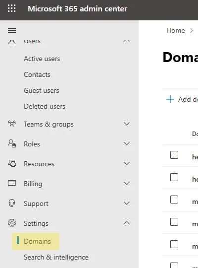 Microsoft 365 Admin Centre left navigation with Settings expanded and Domains selected