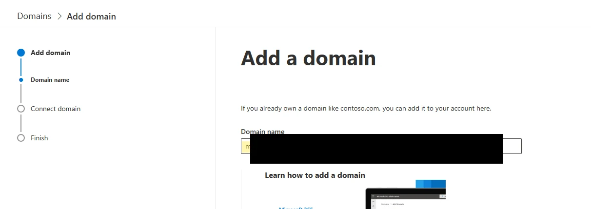 Microsoft 365 Add a domain wizard with the SBC domain pasted into the Domain name field