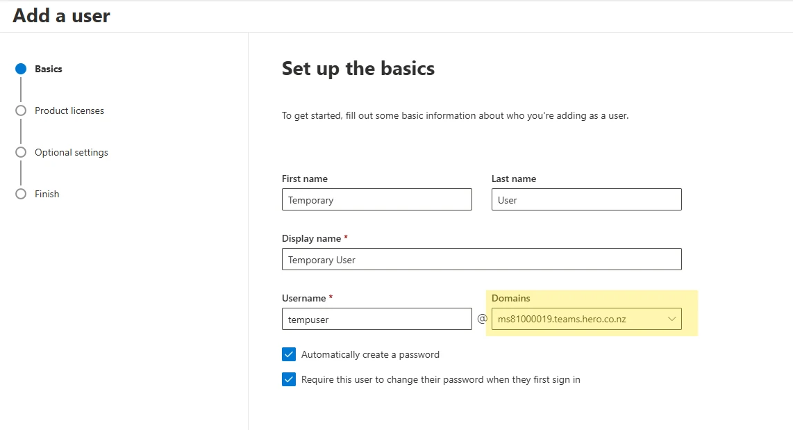 Assign product licenses screen in Microsoft 365 with Teams Phone Standard and Office 365 E1 selected