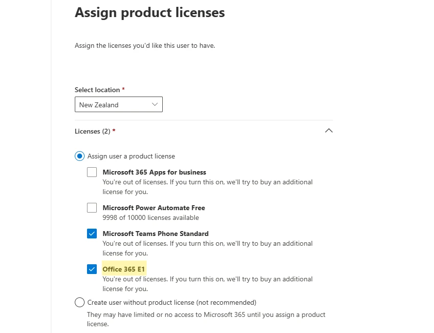 Optional settings screen in Microsoft 365 Add a user wizard, left at default values