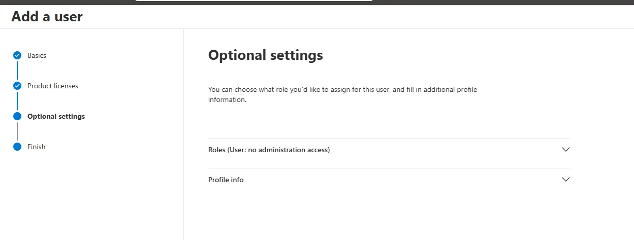 Finish adding button on the summary step of the Add a user wizard