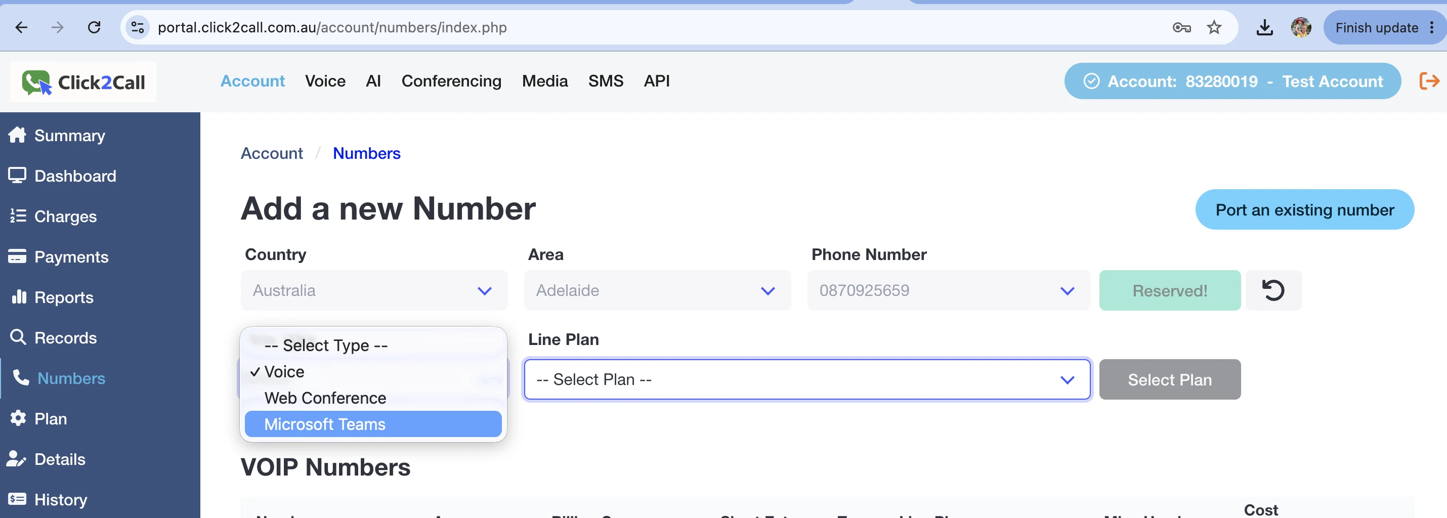 Add a new Number page in the Click2Call portal with Microsoft Teams selected as the Line Type