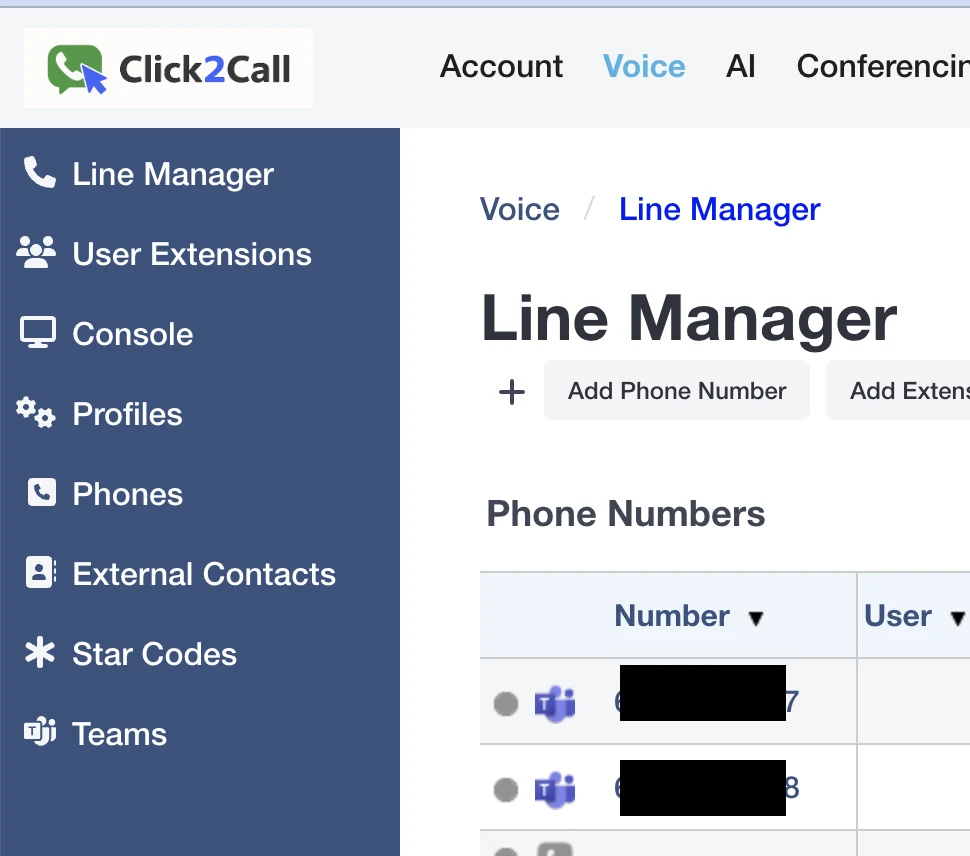 Line Manager in the Click2Call portal listing Teams-enabled phone numbers with the blue Teams icon