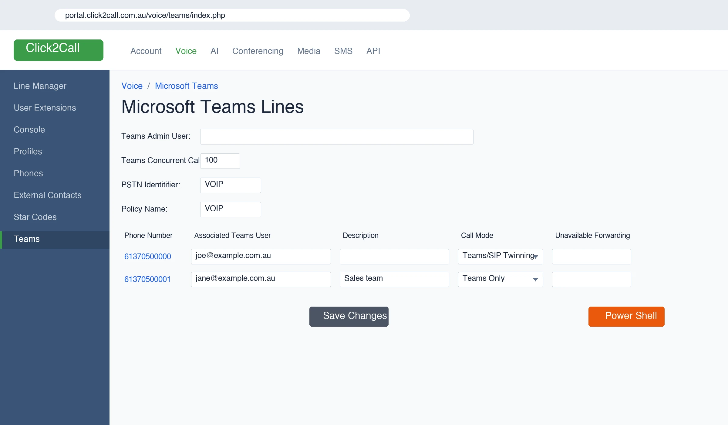 Microsoft Teams Lines page in the Click2Call portal — mapping numbers to user emails with Call Mode selection