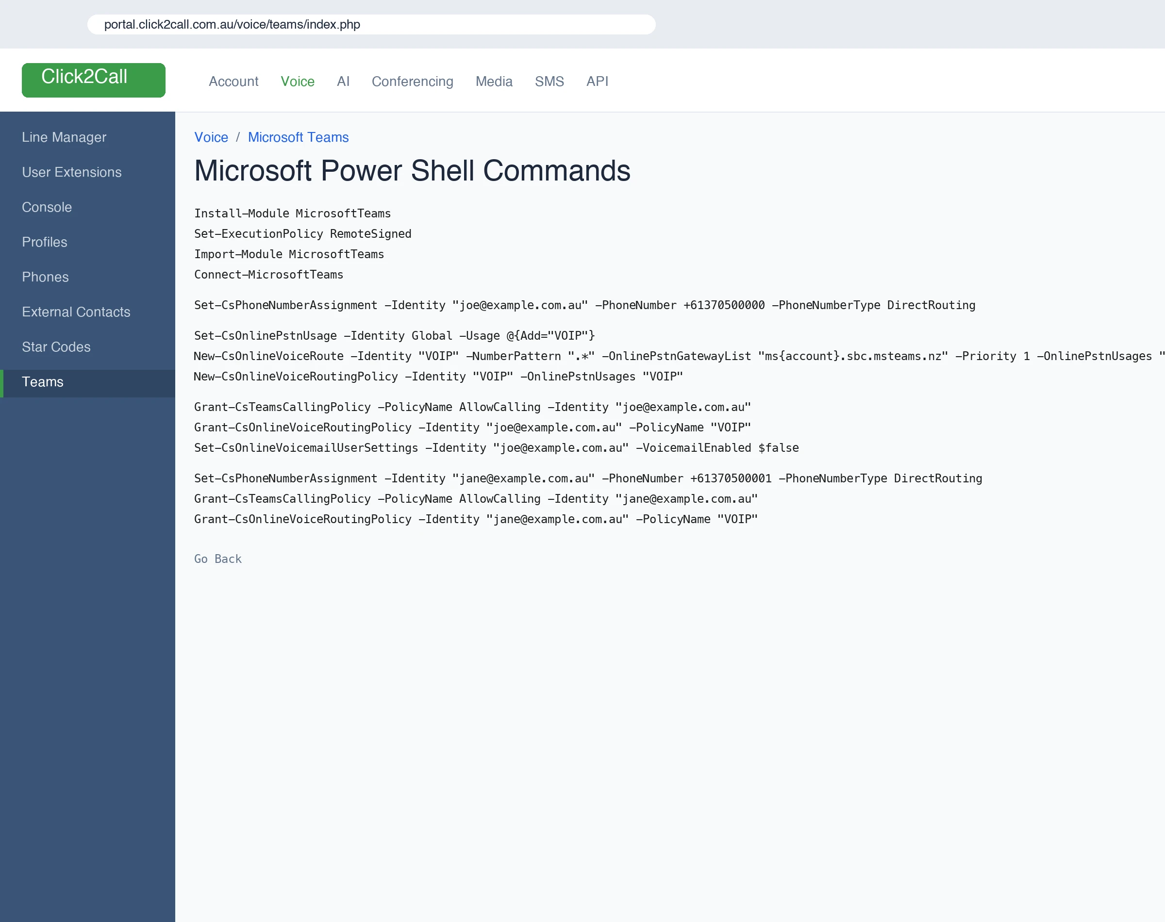 Microsoft Power Shell Commands page in the Click2Call portal, showing the generated command block