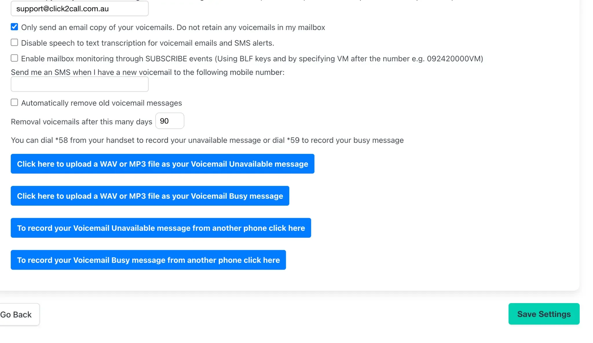 Voicemail service settings panel - greeting and save button.