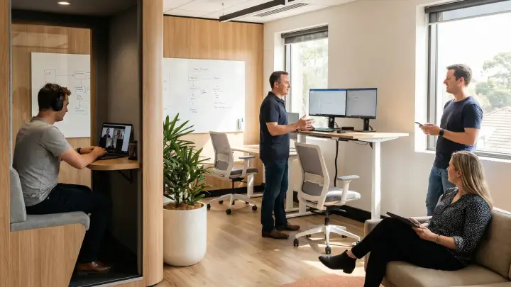 A small IT team working in a bright office