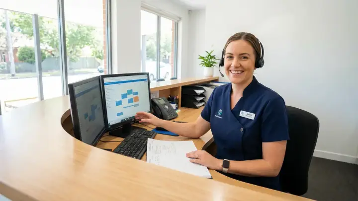 A clinic receptionist with a headset at the front desk
