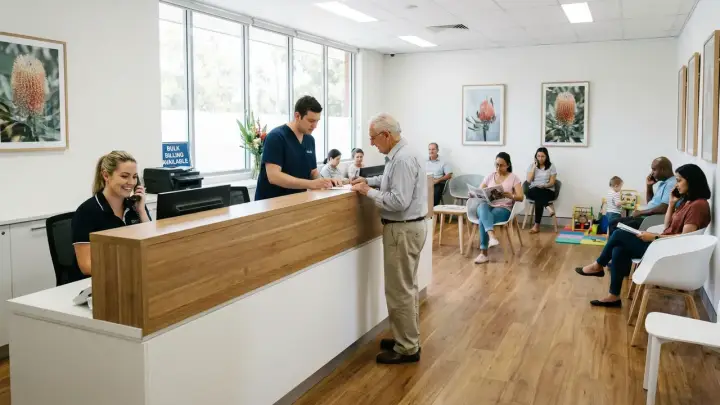 A busy clinic front desk with a receptionist helping a patient