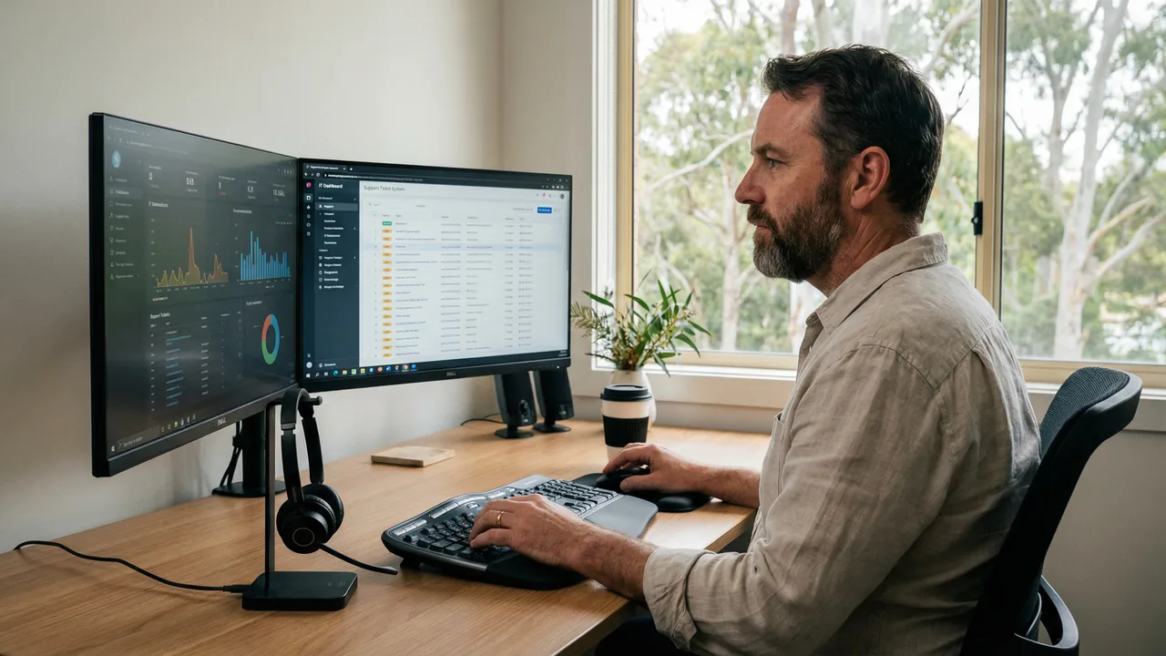 Australian IT professional working from home office with dual monitors and headset