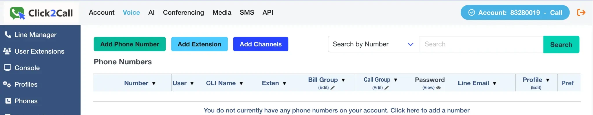 Click2Call portal dashboard showing phone number management, extensions, and call routing controls