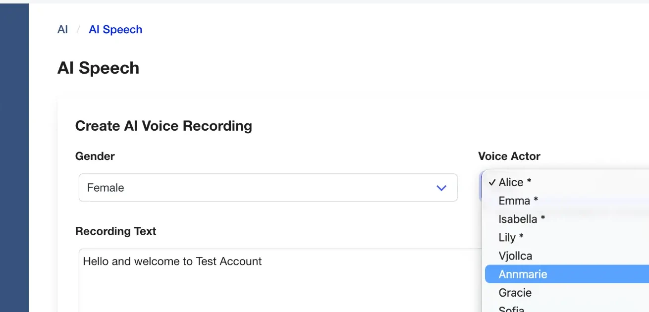 Click2Call AI Speech tool showing voice actor selection with options including Alice, Emma, Isabella, Lily, Annmarie, Gracie, and Sofia
