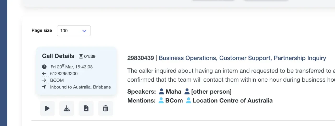 Click2Call portal showing a real call record with AI-generated summary, sentiment score, speaker names, and category tags