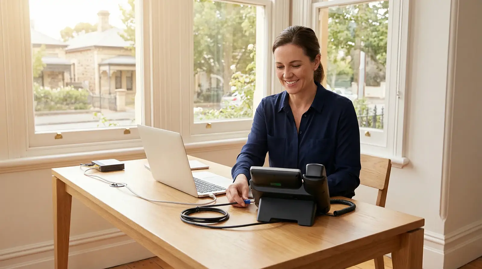 A small business owner in Adelaide setting up their VoIP phone system on a laptop.