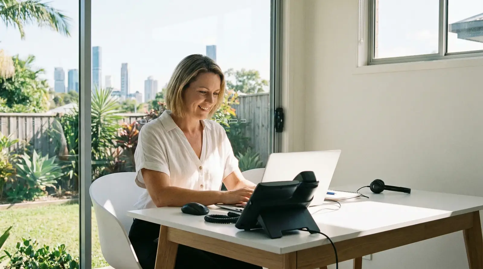 A small business owner in Brisbane setting up their VoIP phone system on a laptop.