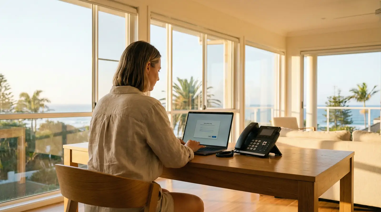 A small business owner on the Gold Coast setting up their VoIP phone system on a laptop.