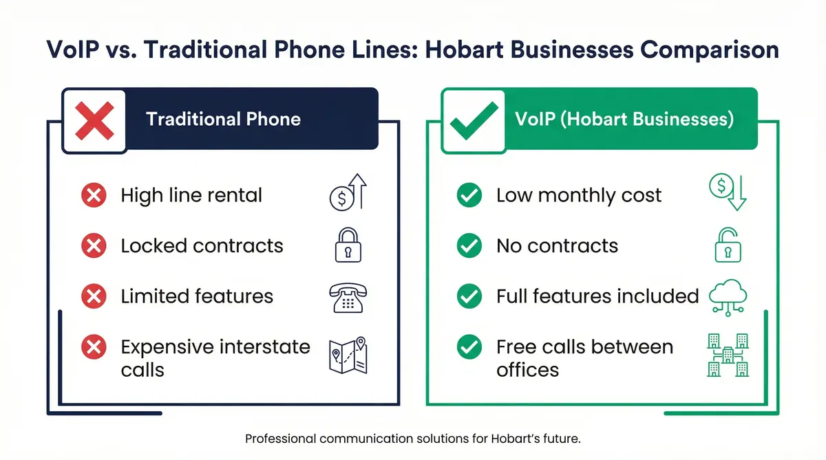 Infographic showing how a VoIP phone system works for a Hobart business.