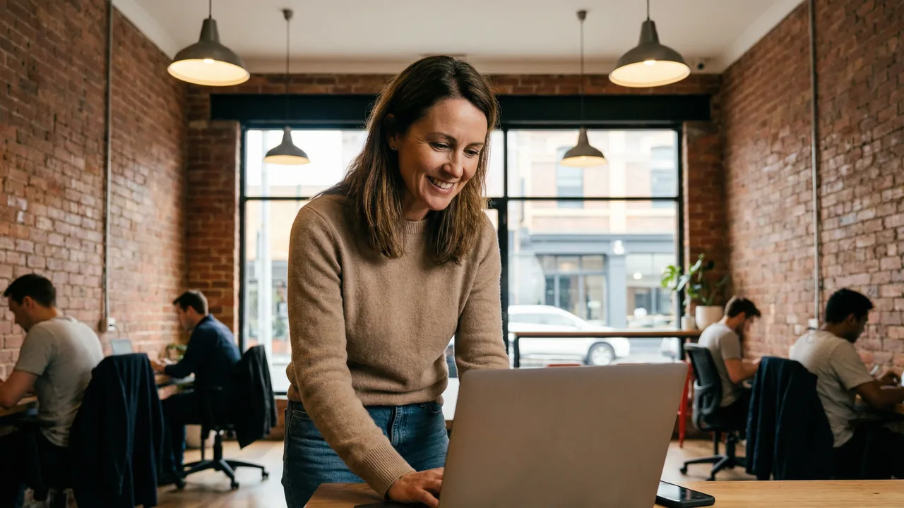 Small business owner setting up a VoIP phone system in a Melbourne co-working space