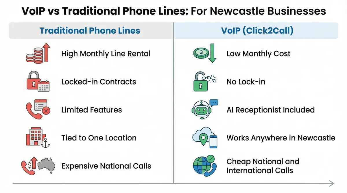 Infographic showing how a VoIP phone system works for a Newcastle business.