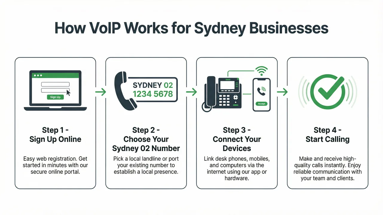 Infographic showing how a VoIP phone system works for a Sydney business.